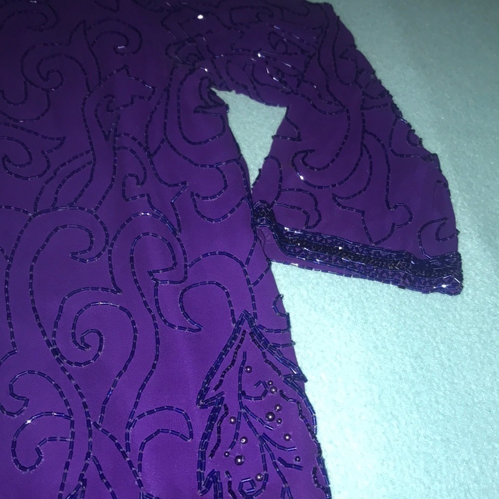 MORGAN TAYLOR Evening dress silk beaded long sleeve V-neck vintage size 8 - Picture 8 of 12